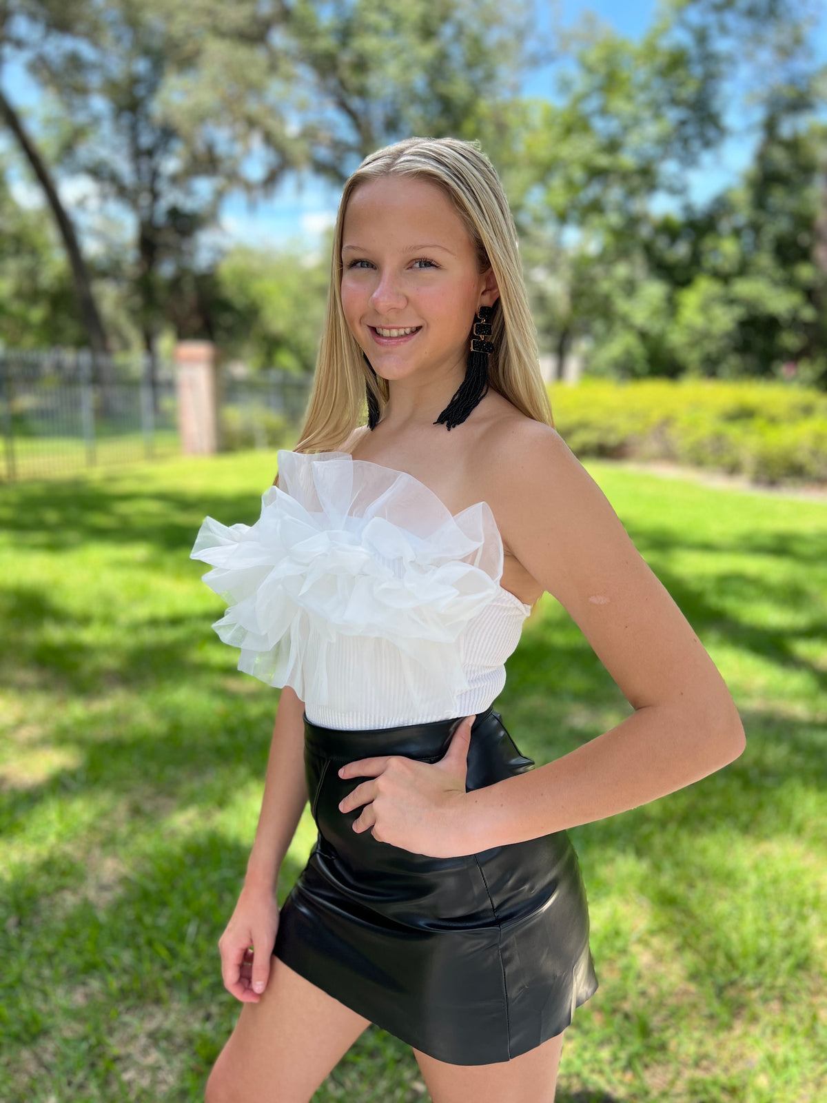 White Ruffle Tube Top Bodysuit