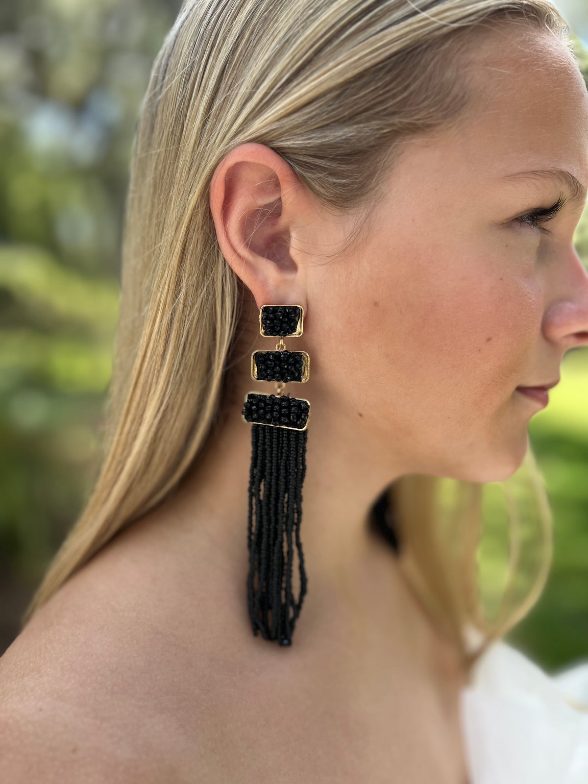 Black Beaded Tassel Earrings