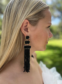 Black Beaded Tassel Earrings