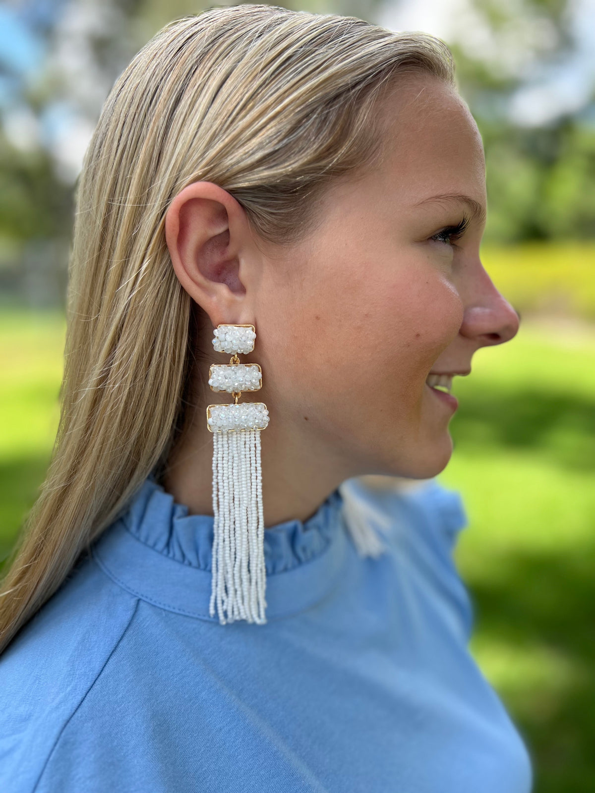 White Beaded Tassel Earrings