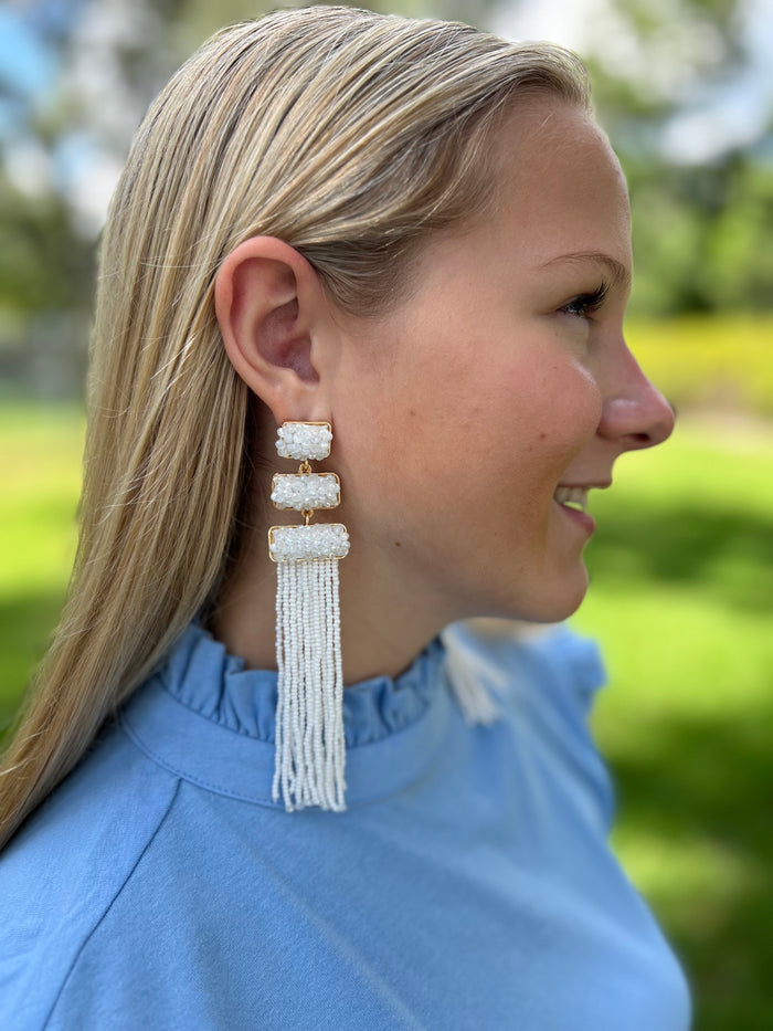 White Beaded Tassel Earrings