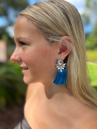 Teal Tassel with Silver Rhinestone Accent Earrings