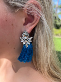 Teal Tassel with Silver Rhinestone Accent Earrings