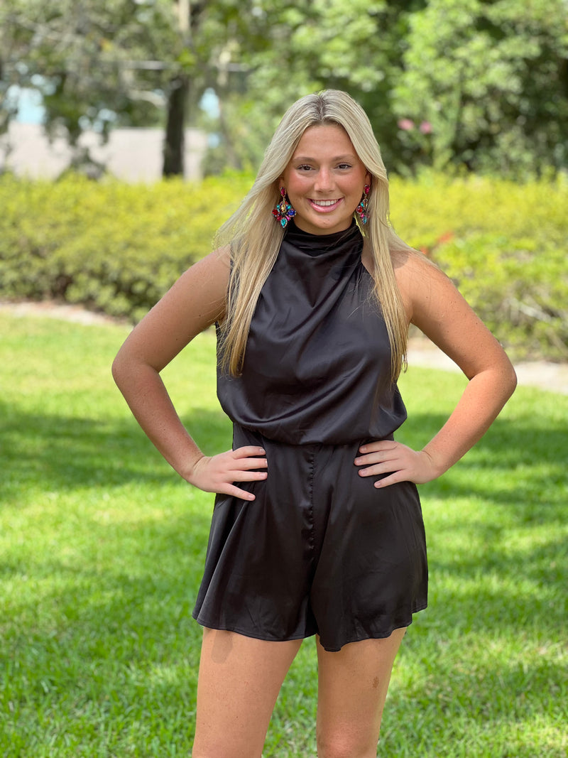 IN THE END ZONE  //  Black Sleeveless Satin Romper