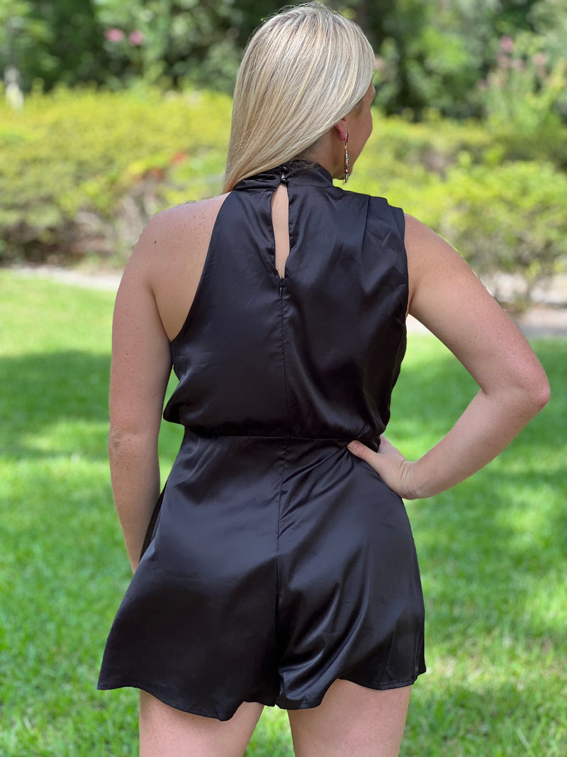 IN THE END ZONE  //  Black Sleeveless Satin Romper