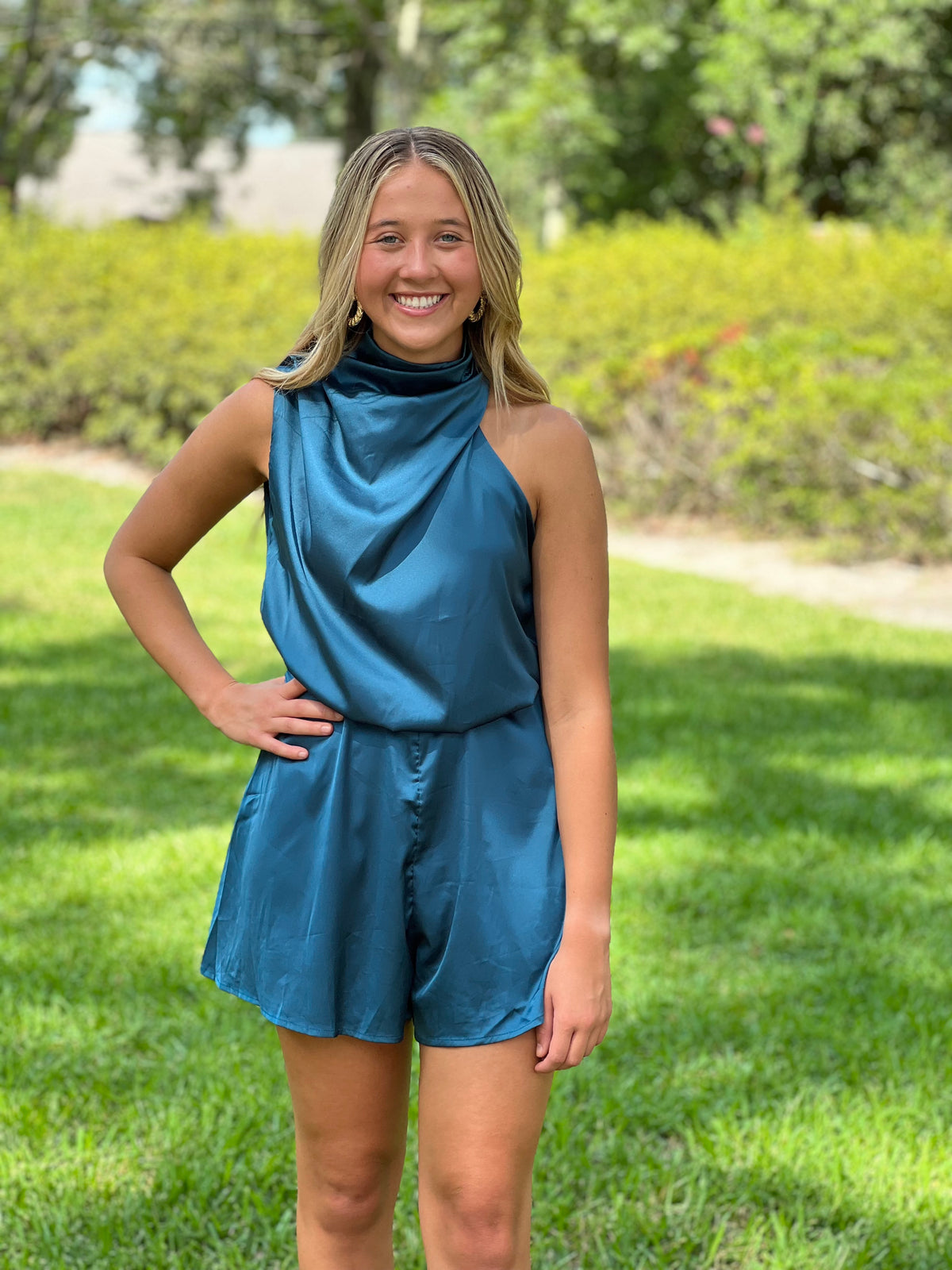 IN THE END ZONE  //  Teal Sleeveless Satin Romper