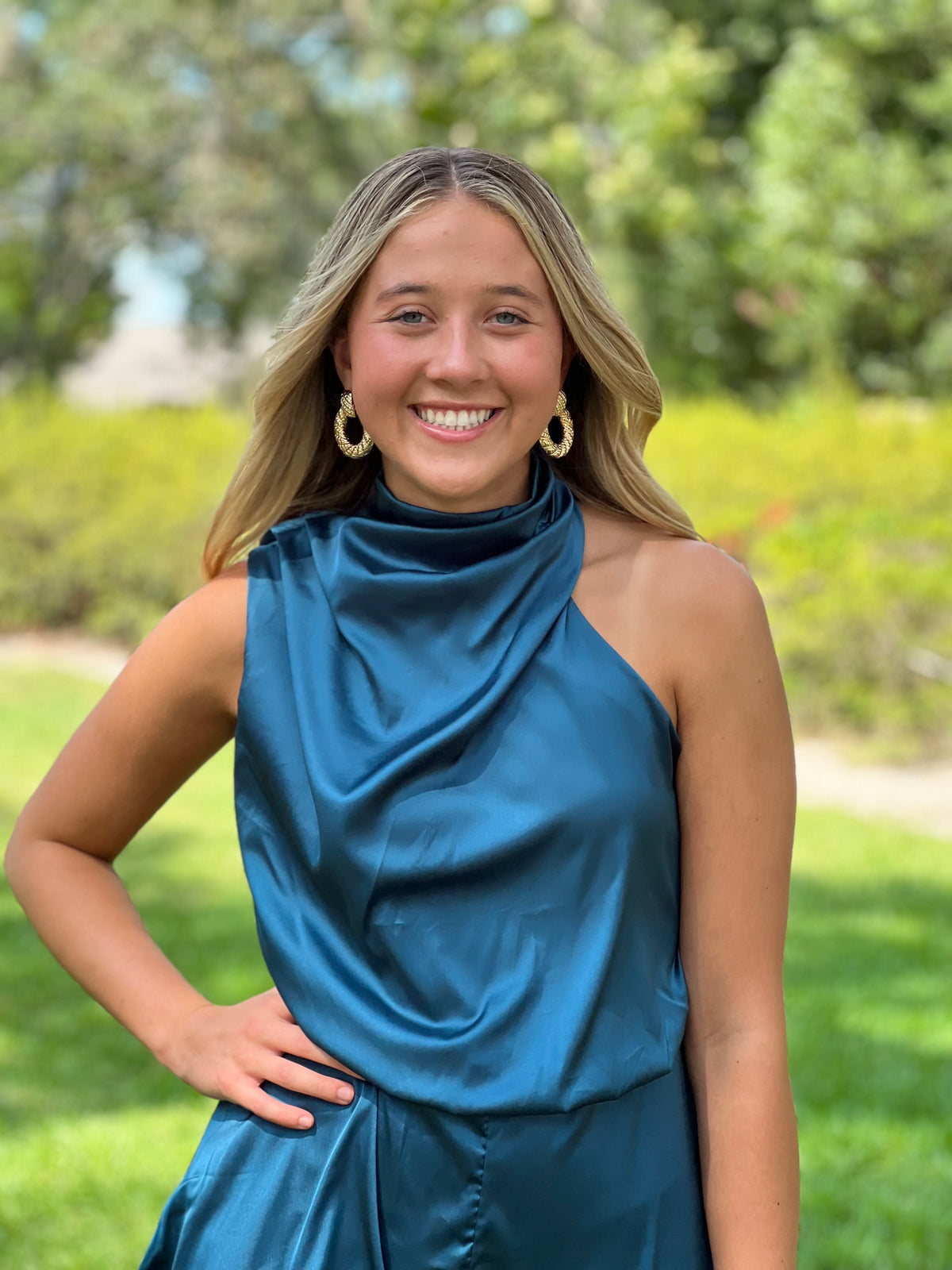 IN THE END ZONE  //  Teal Sleeveless Satin Romper