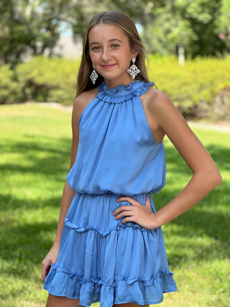 HAD ME BY HALFTIME  //  Halter Neck Ruffled Dress - Baby Blue