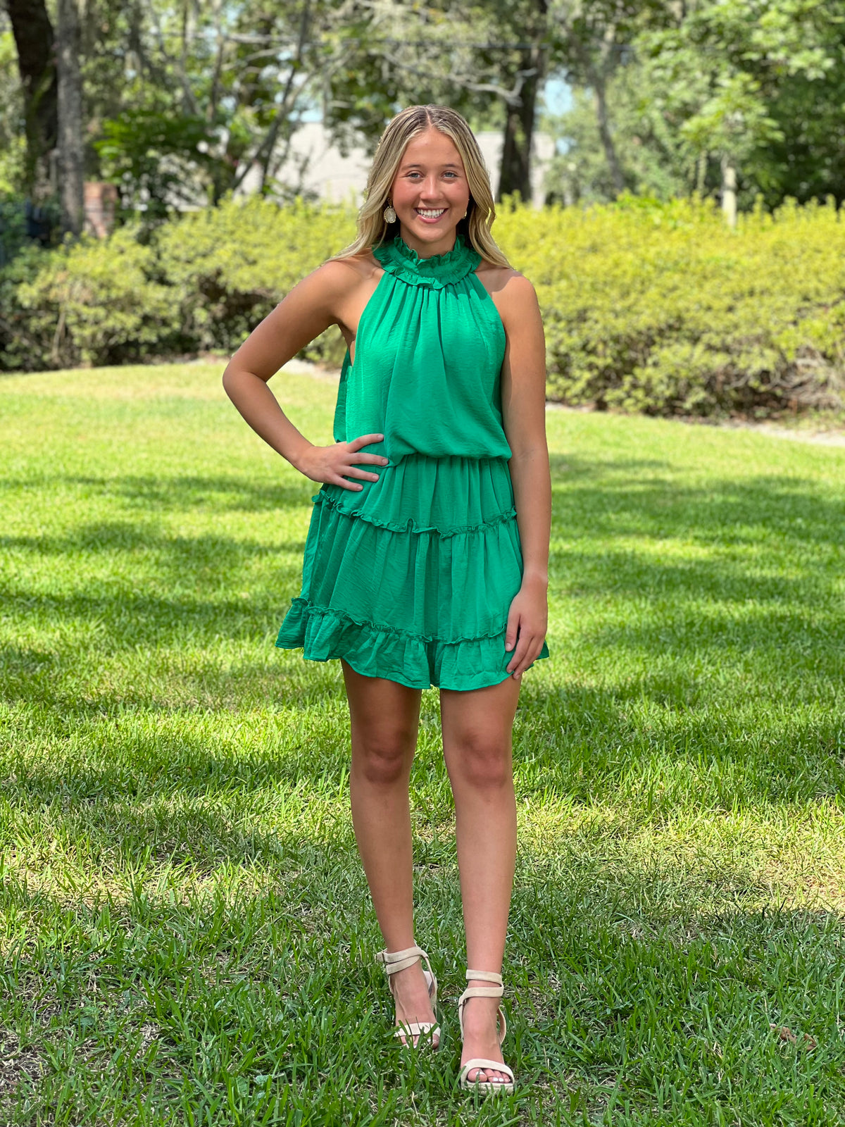 HAD ME BY HALFTIME  //  Halter Neck Ruffled Dress - Green