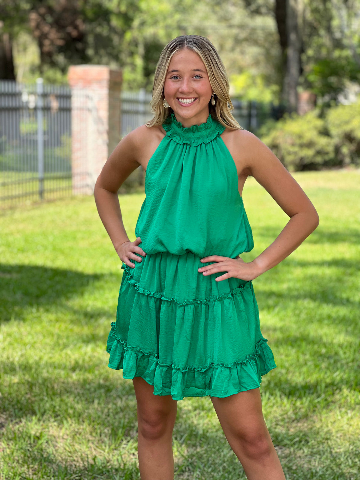 HAD ME BY HALFTIME  //  Halter Neck Ruffled Dress - Green