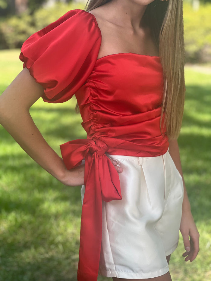 IN THE RED ZONE // Off-Shoulder Waist Tied Red Satin Top