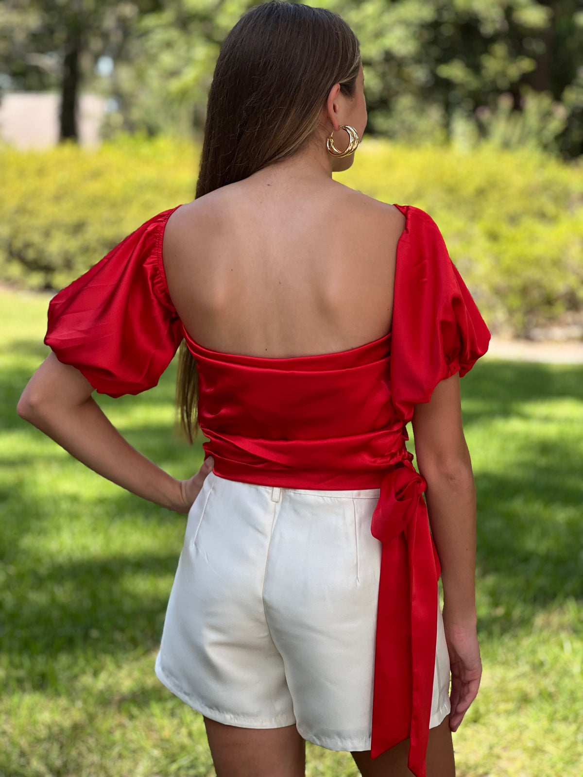 IN THE RED ZONE // Off-Shoulder Waist Tied Red Satin Top