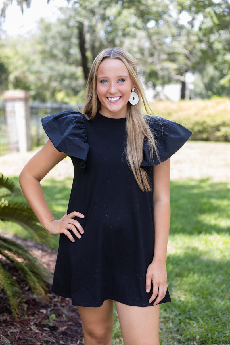 Black Knit dress with poplin ruffle sleeves