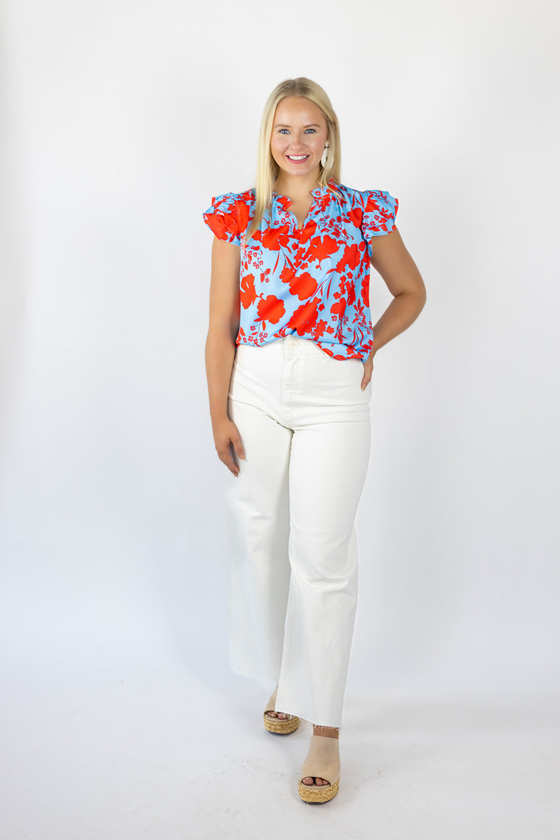 FIELD GOAL  //  Ruffled Cap Sleeve Floral Top