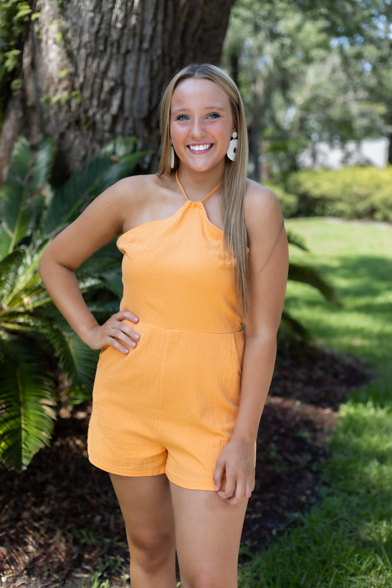 Halter neck romper Orange Zipper in back