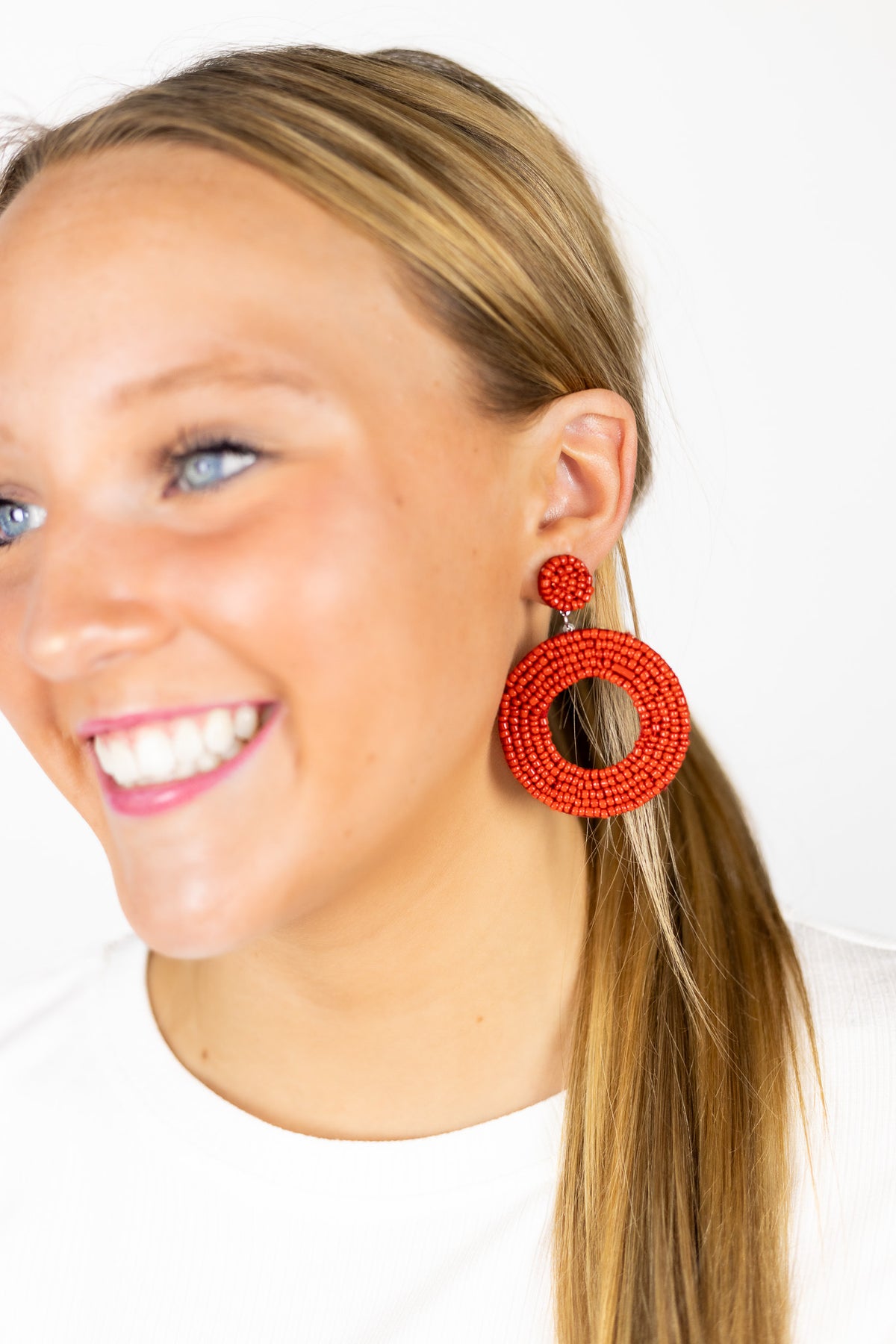 Red Beaded Circle Earrings