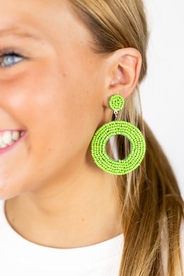 Lime Green Circular Drop Rice Bead Earrings  5cm wide, 6.8cm long  Materials: seed beads and felt