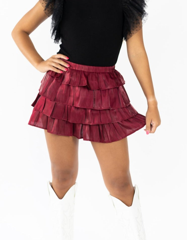 Tiered ruffle mini skirt Elastic waistband Garnet/ Crimson Built in shorts under the skirt