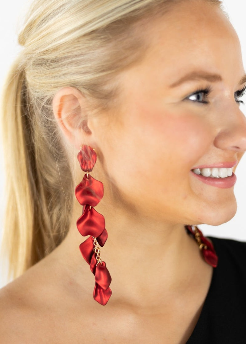 Dangling Red Flower Petal Earrings