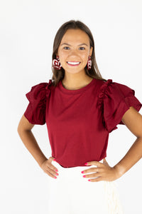 Garnet Cotton poplin double ruffle flutter sleeves Bodice in knit fabric Ribbed round crew neck