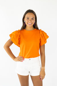 Cotton poplin double ruffle flutter sleeves Bodice in knit fabric Ribbed round crew neck