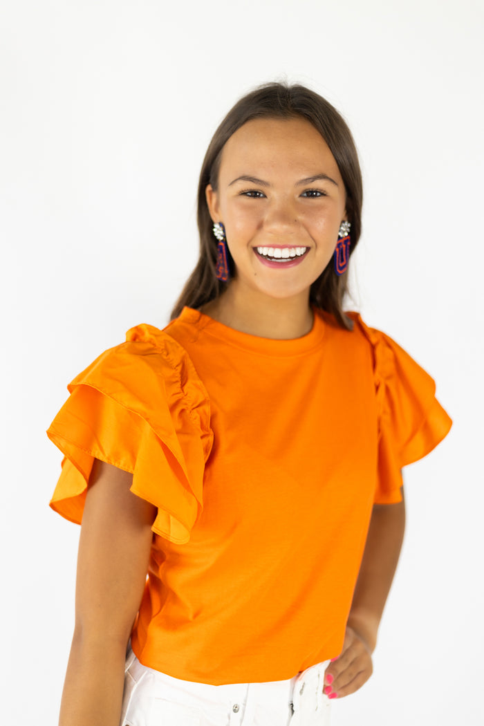 FIRST DOWN //  Orange Flutter Sleeve Top