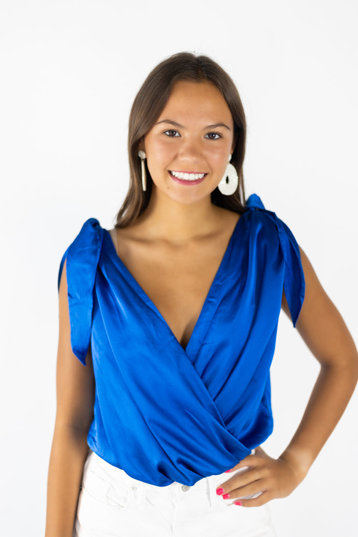 Classic Blue Satin Tie-Bodysuit 