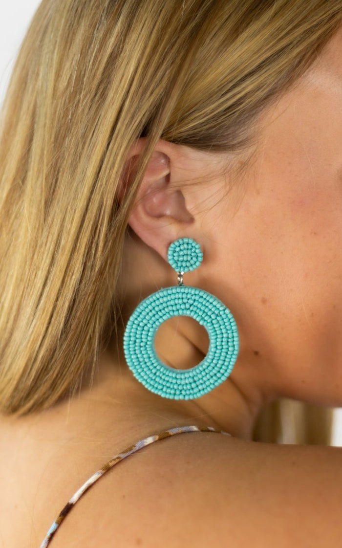 Teal Beaded Circle Earrings