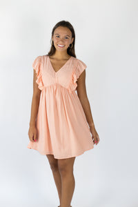 Light Peachy-Pink dress Ruffle Sleeves modest V neck