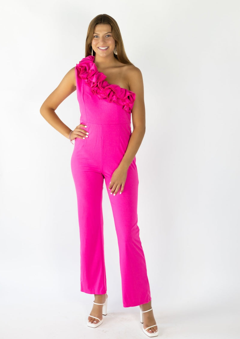 Hot Pink Jumpsuit Stunning one-armed floral statement Comfortable stretchy fabric, thin and breathable