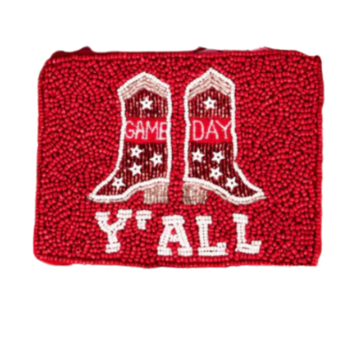 Coin Purse - Red & White GAME DAY YALL Beaded Wristlet