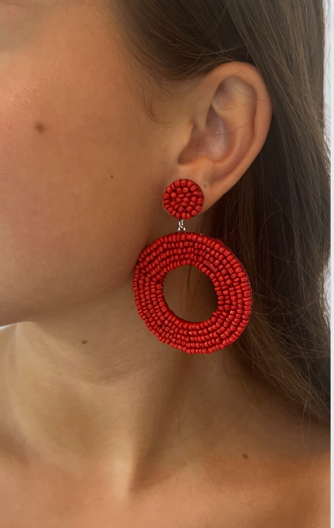 Red Beaded Circle Earrings