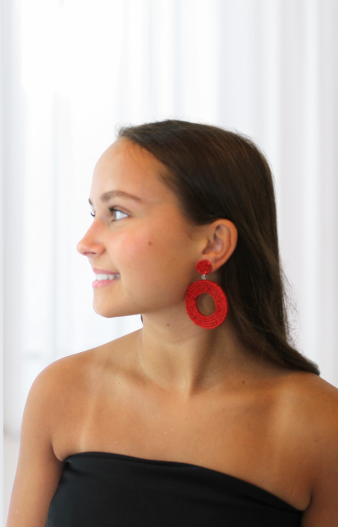 Red Beaded Circle Earrings