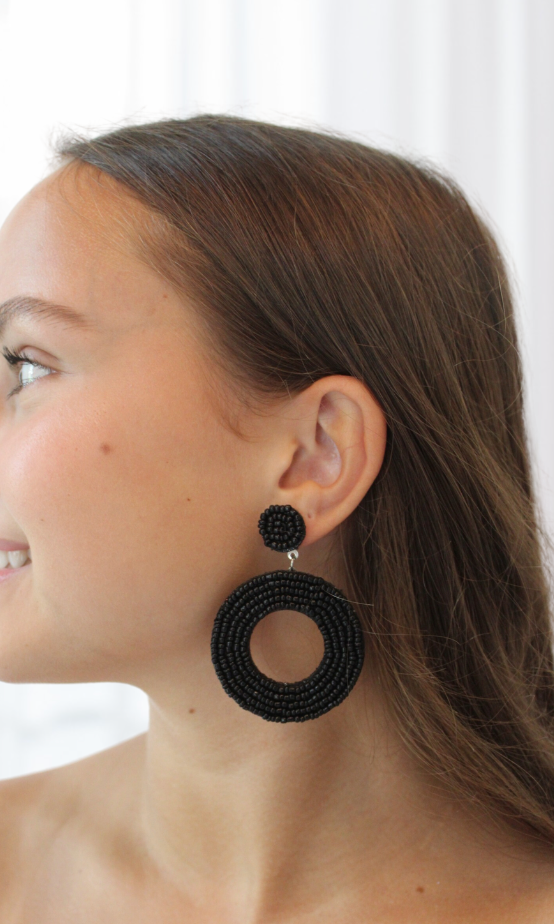 Black Beaded Circle Earrings