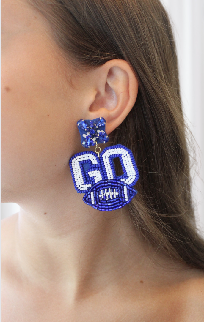 Blue and White football spirit earrings made with seed bead and crystal embellishments.  Be 'Game Day’ ready with these lightweight earrings.  Materials: felt, rhinestone, crystal accents, and seed beads.