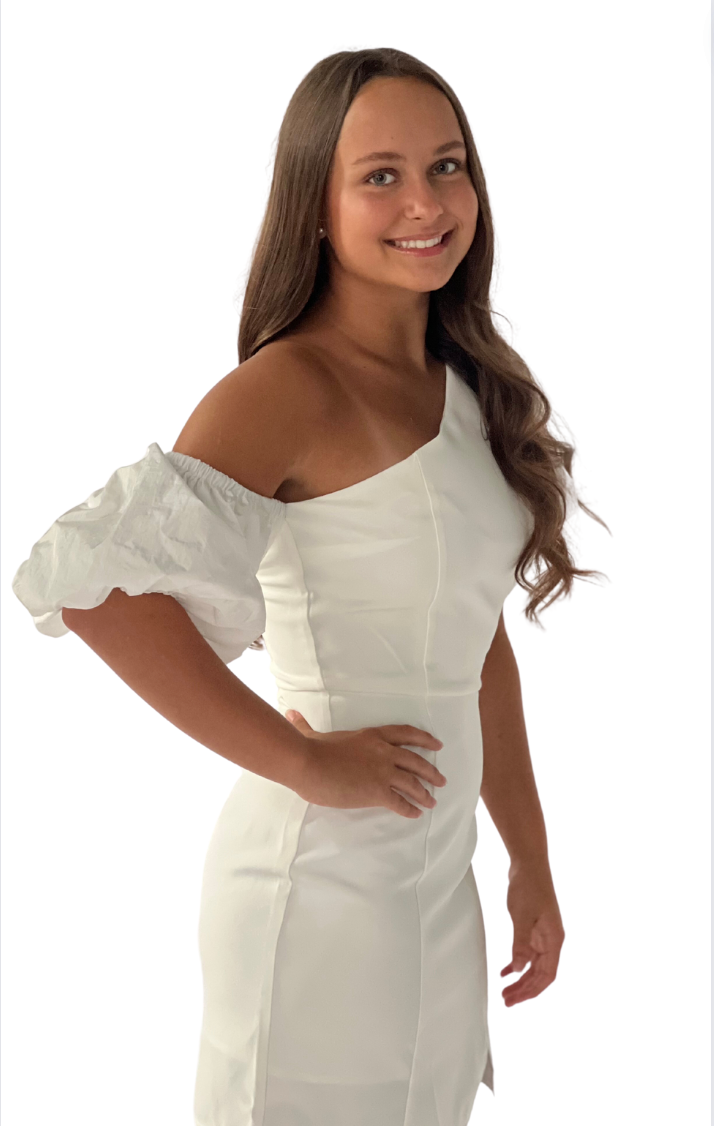 One shoulder mini dress in stretch crepe fabric Asymmetrical neckline, lining, taffeta half sleeves One Sleeve is detached from the shoulder Hidden seam zipper closure on the side. Triangle skirt slit and seam details on the front