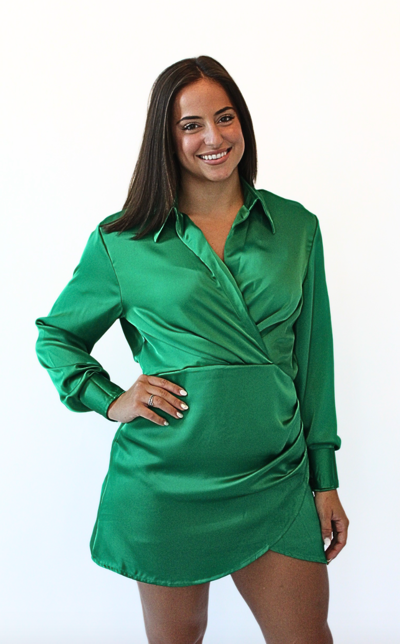 Emerald Green Satin Collared V Neck Mini dress