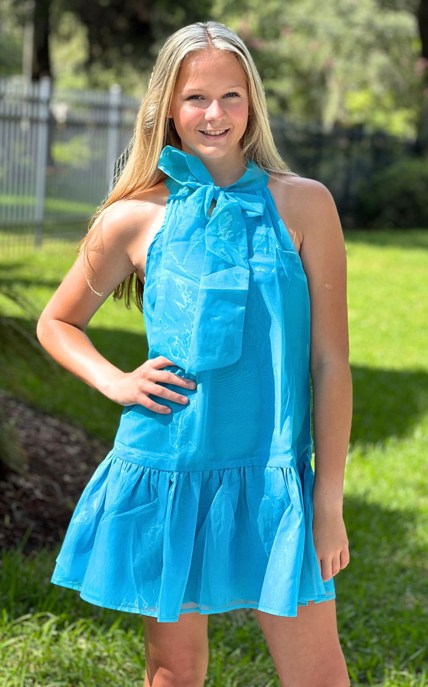 Aqua Blue Organza dress Adjustable neck bow tie Drop waist ruffle Fully lined