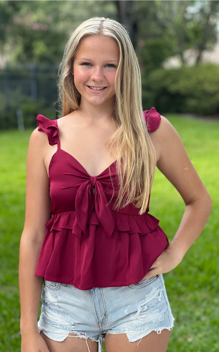 Garnet Bow tie tank with ruffled detailing  Smocked center back for perfect fit