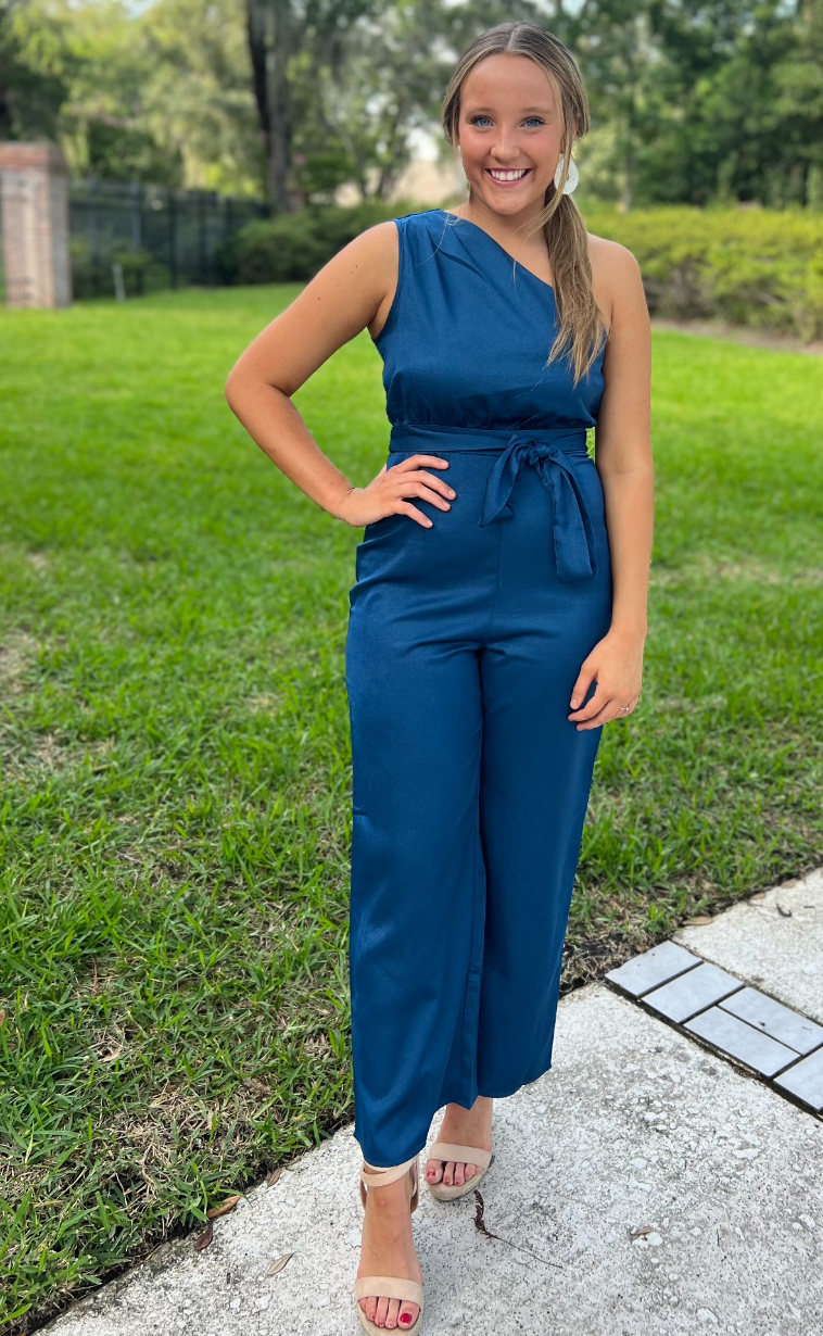 Teal One Shoulder Jumpsuit with back tie