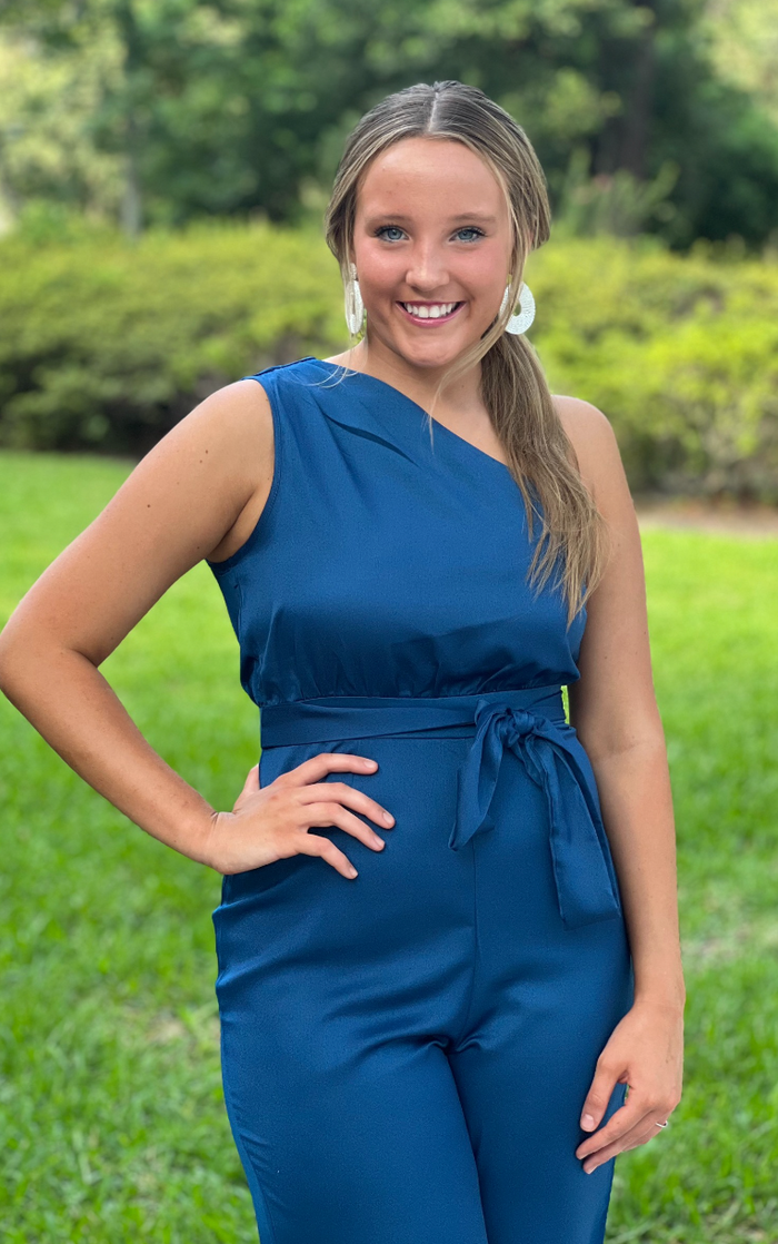 Teal One Shoulder Jumpsuit with back tie